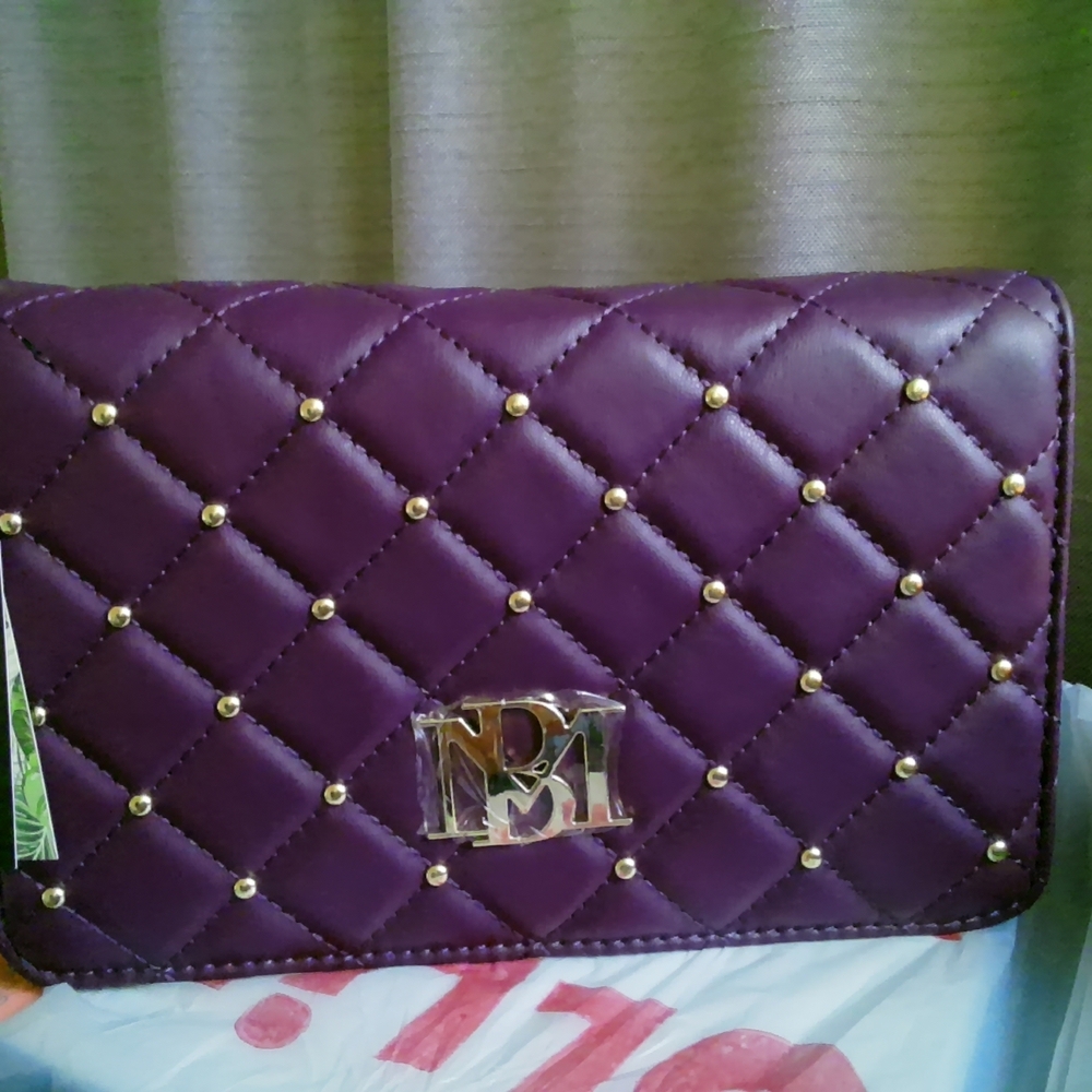 Badgley Mischka Purple Quilted Clutch with Gold Studs